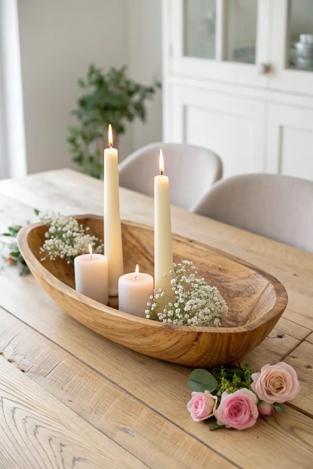 Neutral Valentine dough bowl with creamy candles, white blooms, and a hint of blush hearts.