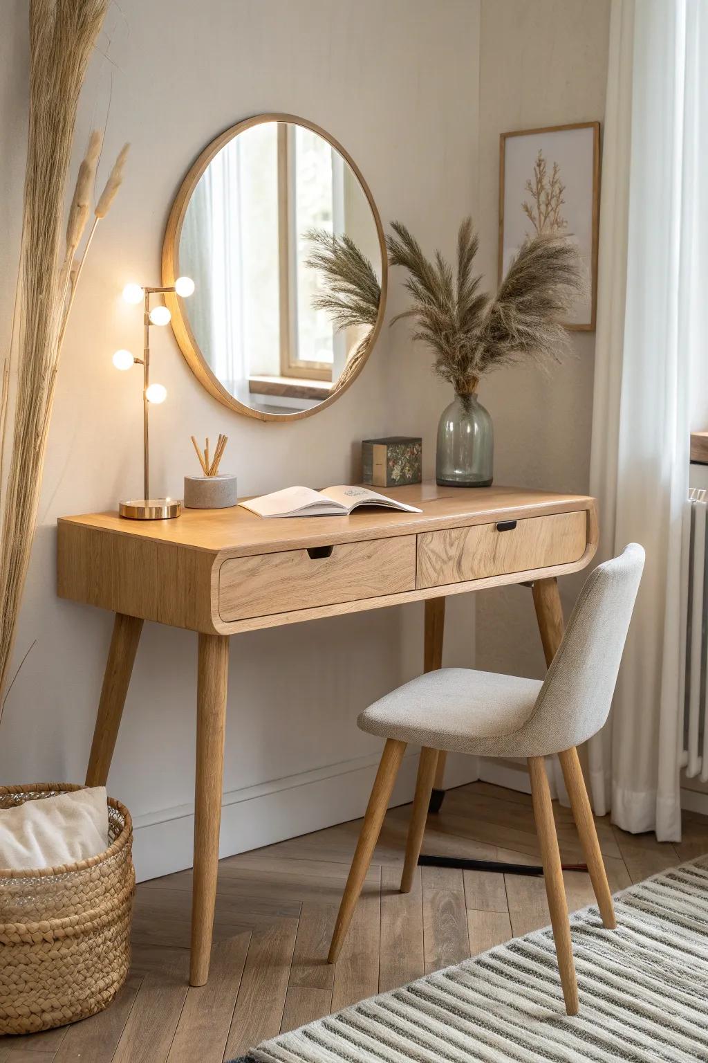 Light oak vanity desk with adjustable warm-to-cool mirror lighting for flawless, cozy prep.