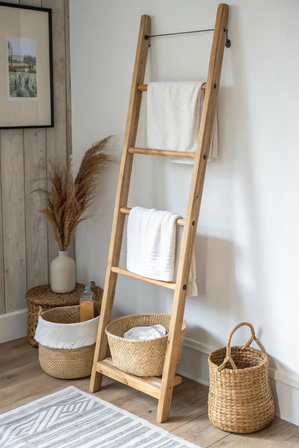 Leaning ladder shelf in light oak—pretty vertical storage for towels and baskets in small rooms.