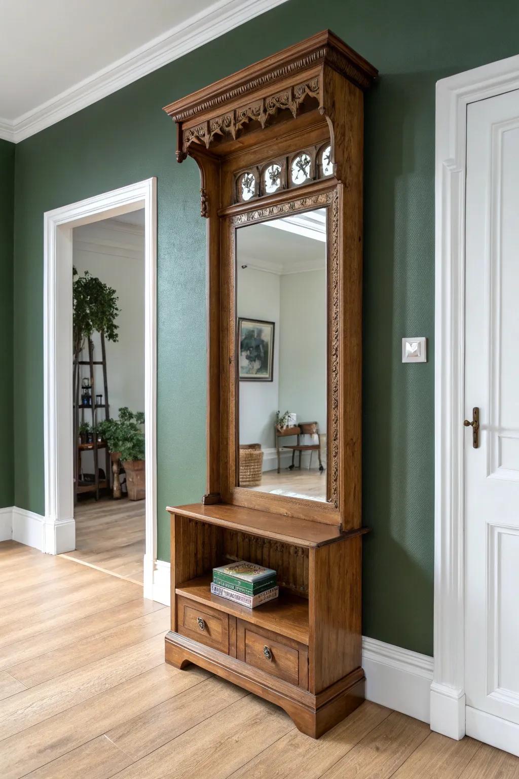 Deep green walls + crisp white trim make carved walnut entryway details feel dramatic.