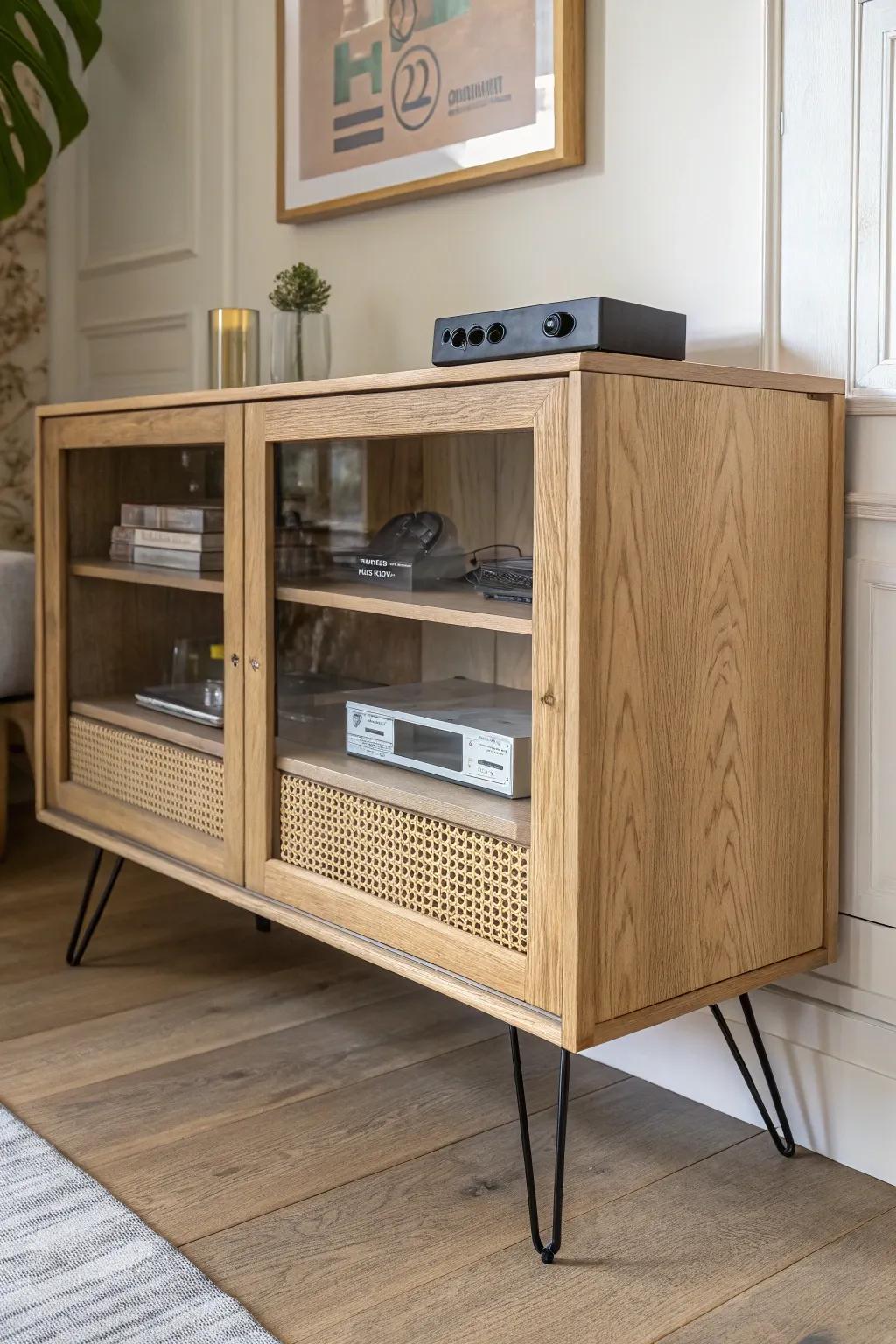 Light-oak glass-front cabinet keeps consoles dust-free while staying airy for heat and remotes.