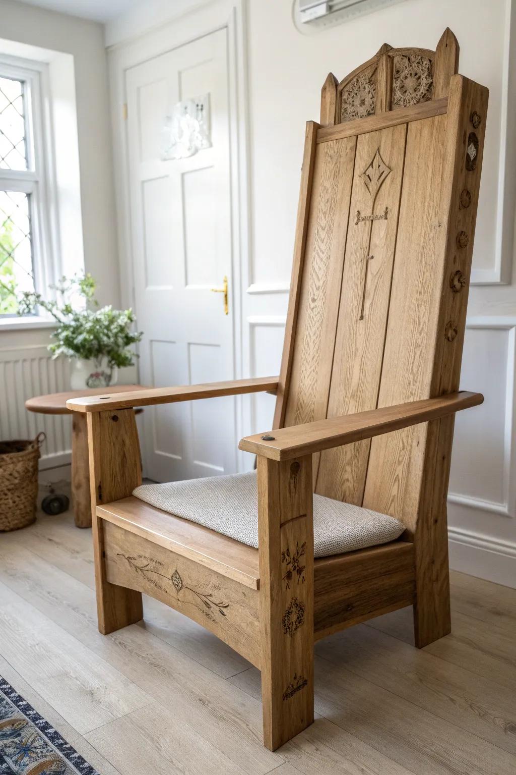 A bold Viking throne armchair—knotty oak, tall back, and clean Nordic-boho styling.