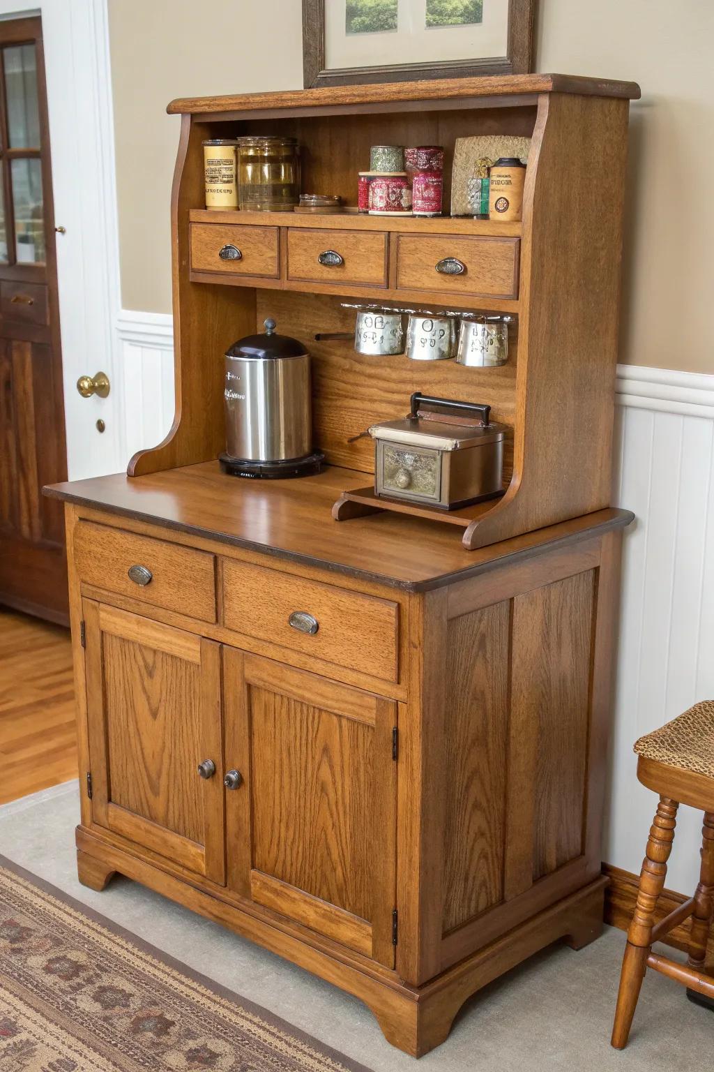 A restored Hoosier cabinet turned coffee bar—vintage charm with smart, all-in-one storage.