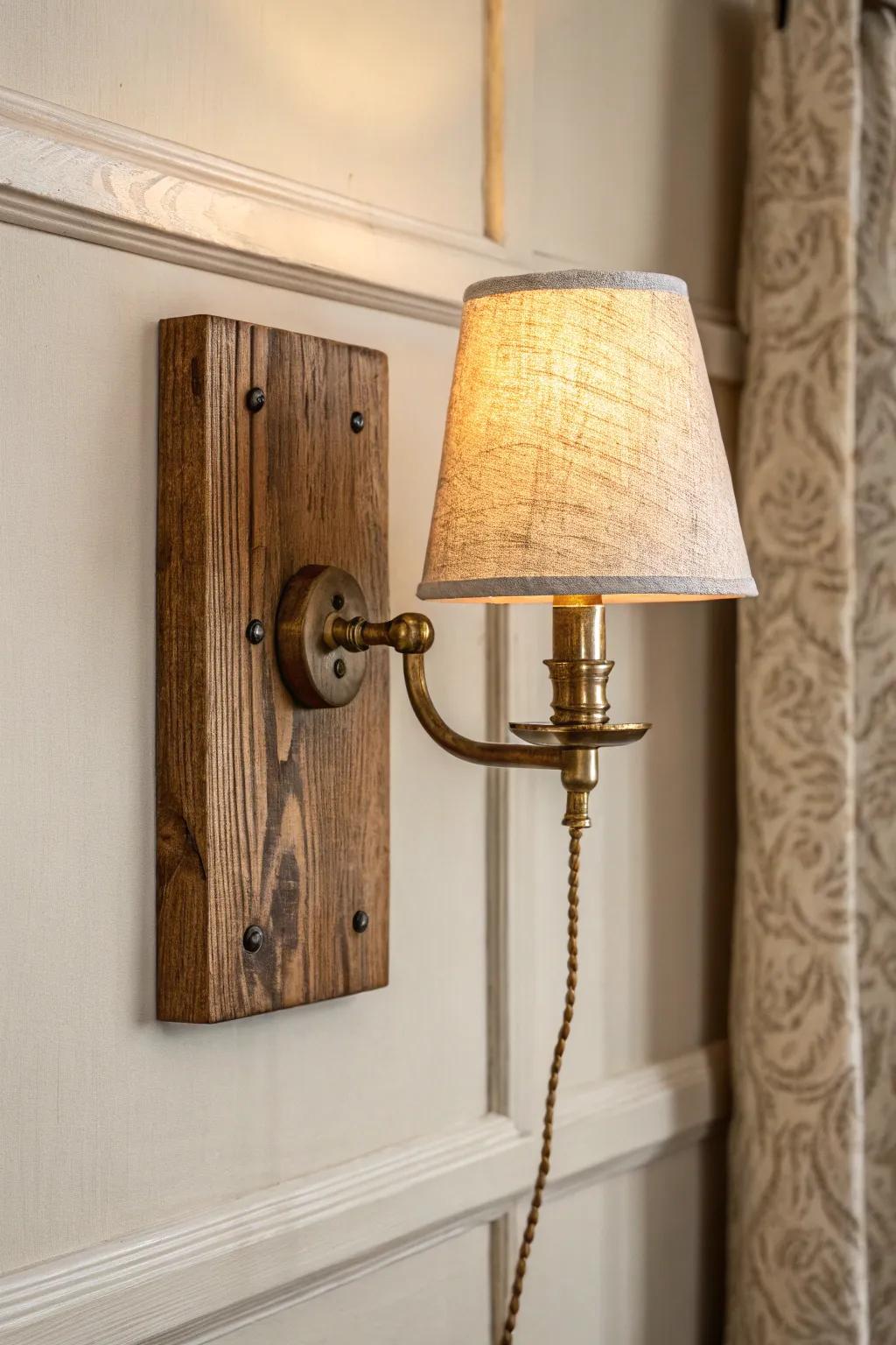 Soft linen-shaded sconce on salvaged wood for a warm, tucked-in vintage cottage glow.