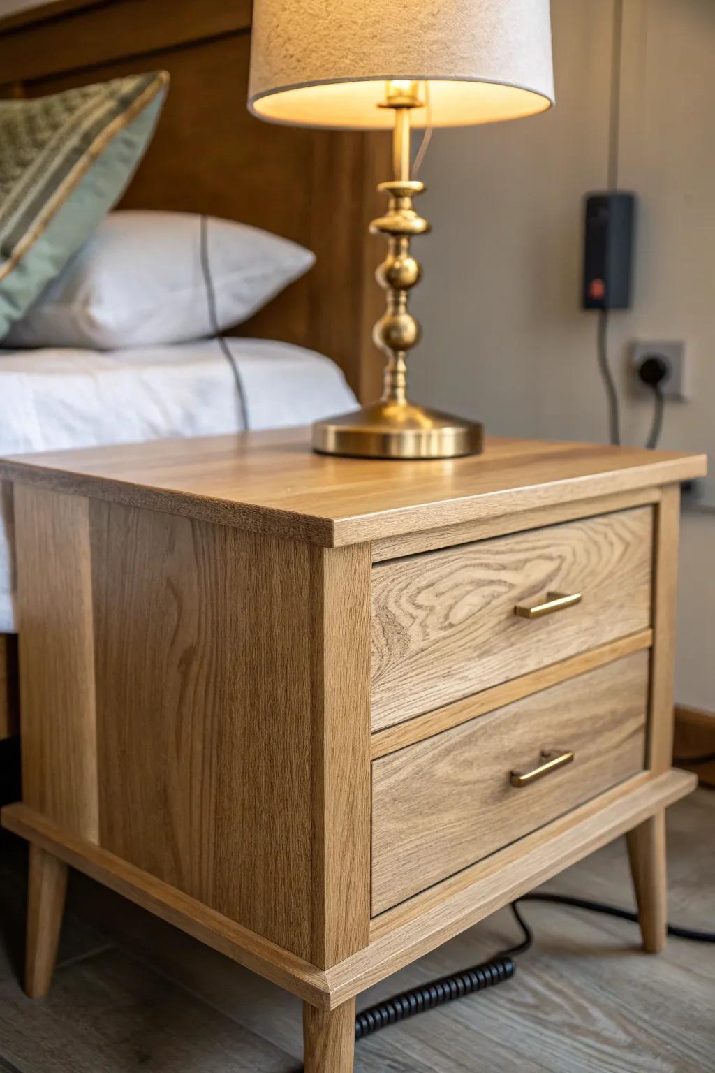 A light oak nightstand with a thrifted mixed-metal lamp—eclectic lighting, beautifully intentional.