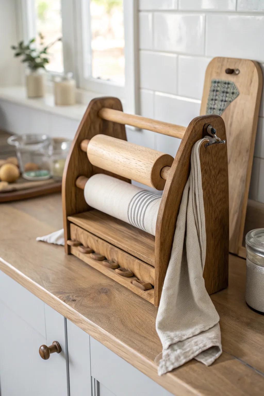 Vintage magazine rack turned rolling pin + towel holder for a warm, cottage-kitchen vibe.