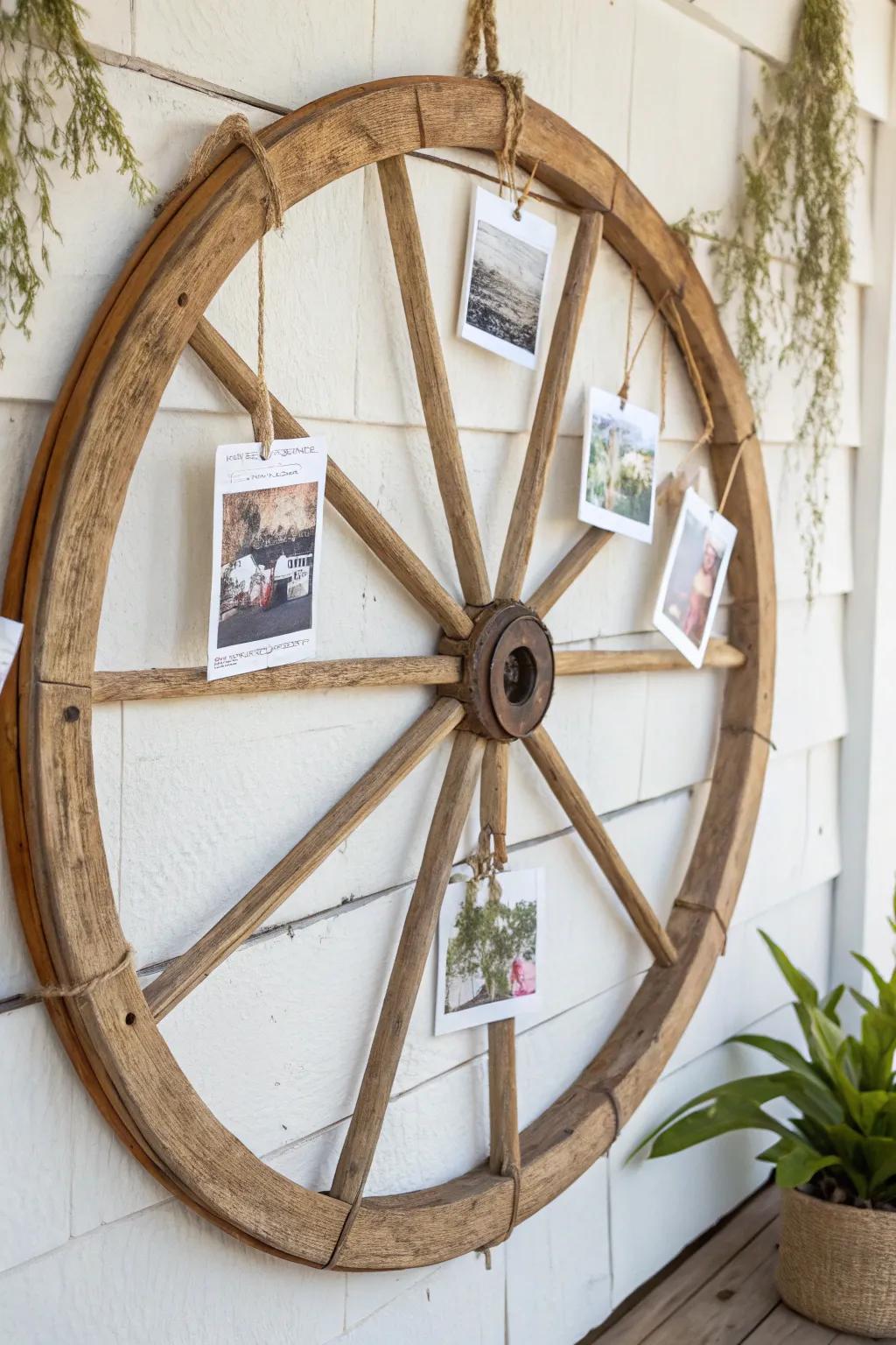 Turn a wagon wheel into warm wall art—twine + clips make photos easy to swap anytime.