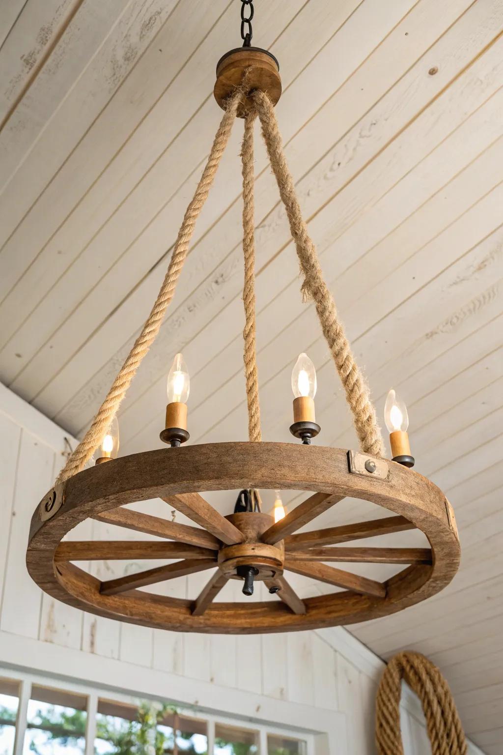 Rope-hung wagon wheel light: natural jute softens the look and adds cozy cabin warmth.