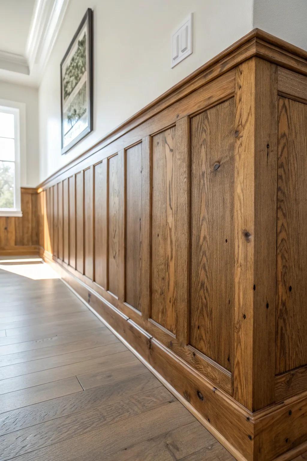 Stained reclaimed wood wainscoting adds instant warmth and a crafted dining-room glow.