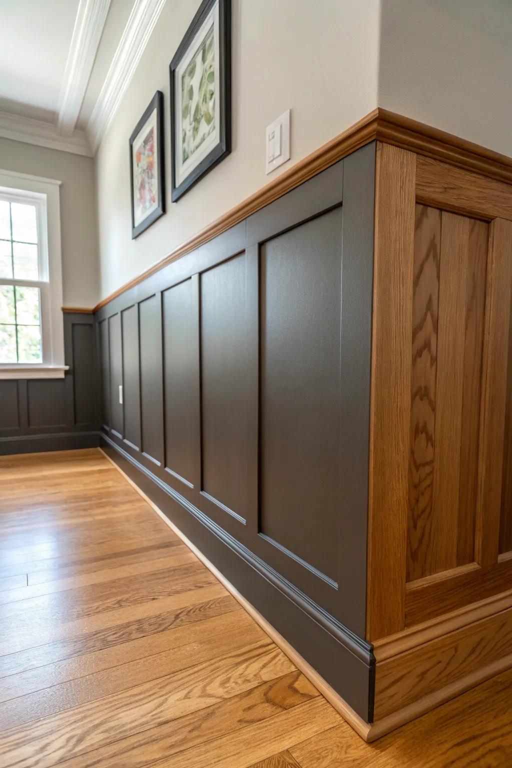 Moody wainscoting grounds a small living room—deep color below, airy white above instantly.