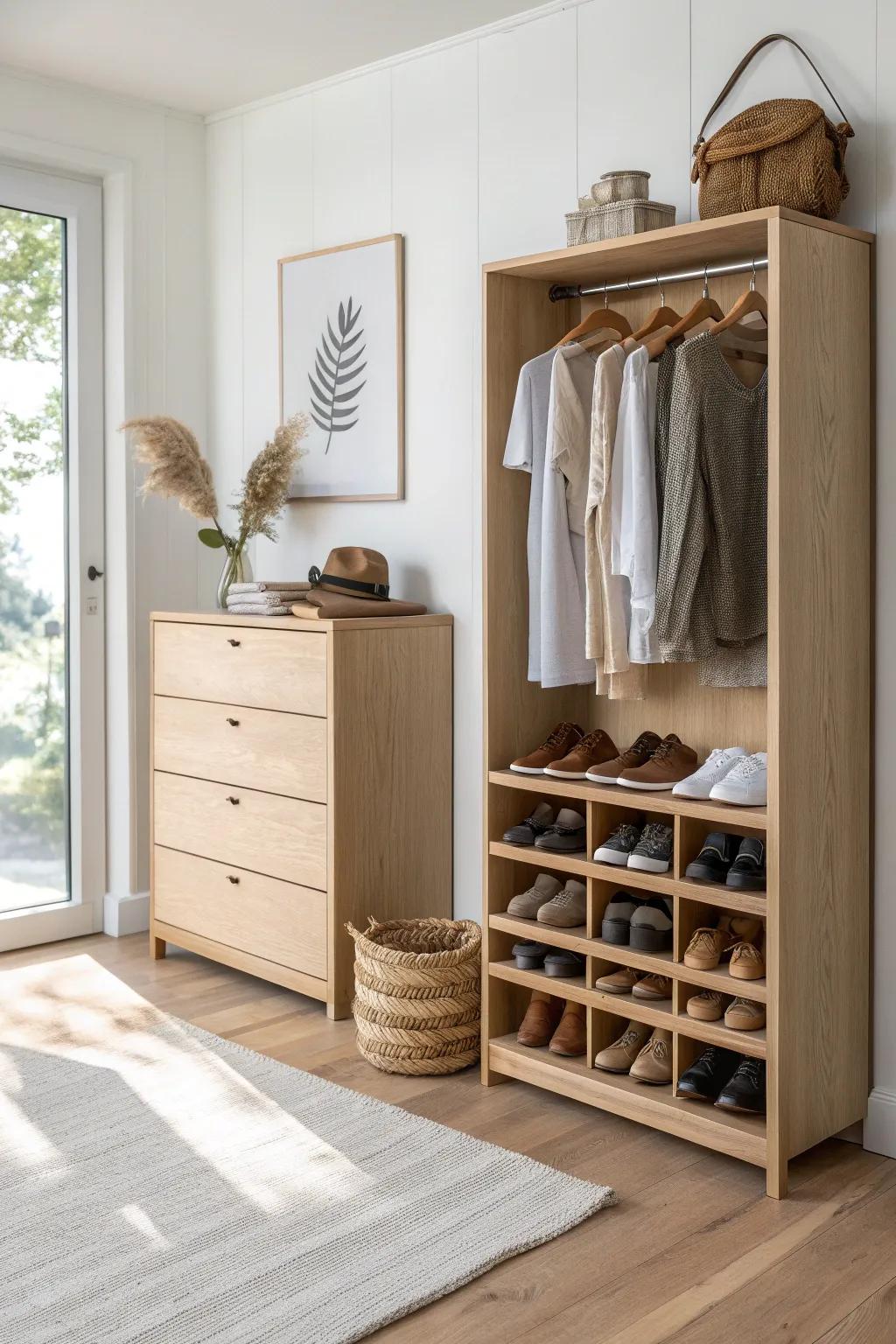 Effortless flow: oak dresser beside a calm shoe wall—socks, shoes, outfit, done.