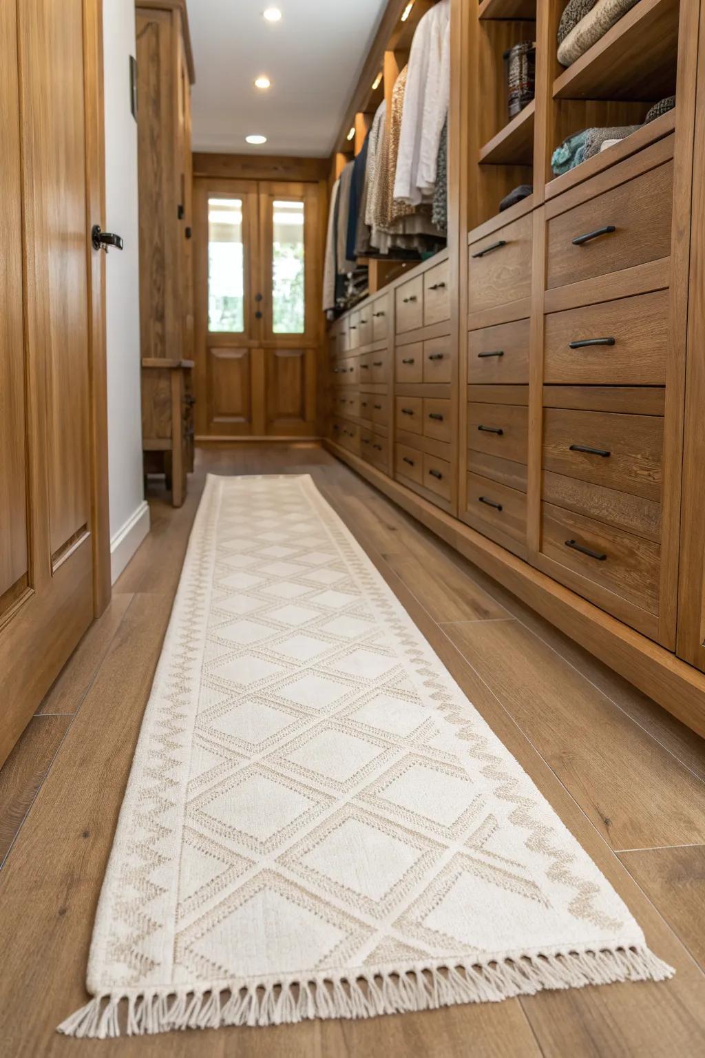 Center a low‑pile runner to define the closet walkway and warm up the wood tones—quiet and chic.