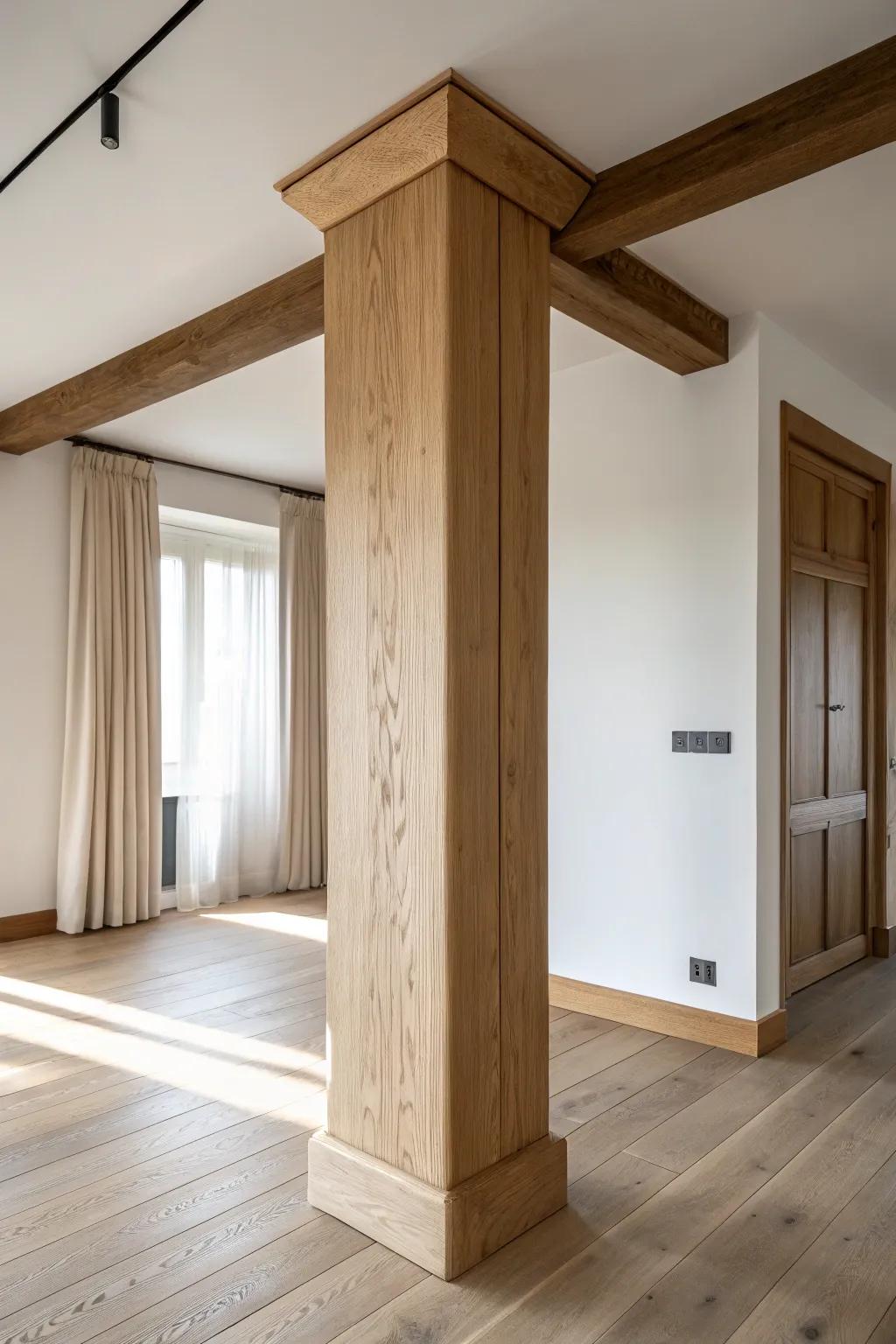 Make an awkward corner look intentional with a sleek, beam-wrapped column in warm oak.