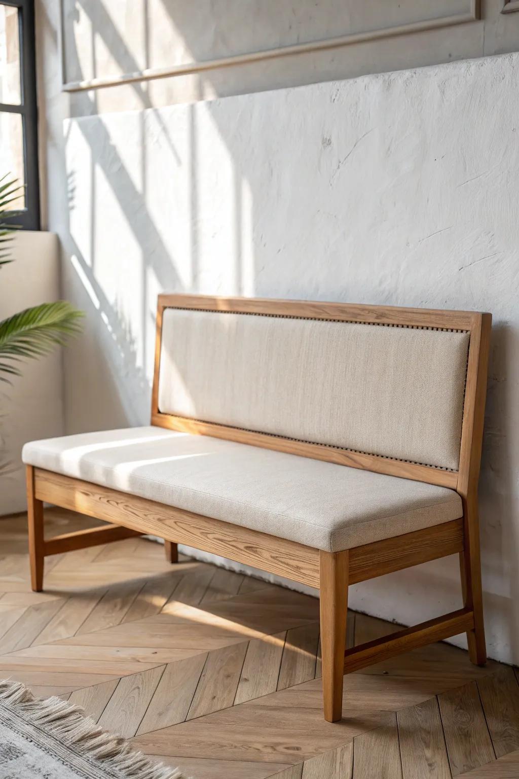 A padded linen back panel turns a simple wall bench into a cozy, linger-longer spot.