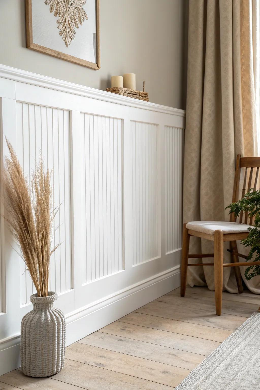 Cottage beadboard border with chair rail cap—wipeable, timeless trim for busy rooms.