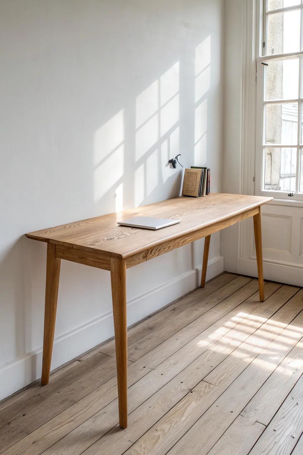 A wall-to-wall oak desk plank—clean, floating, and studio-ready with warm Scandinavian simplicity.
