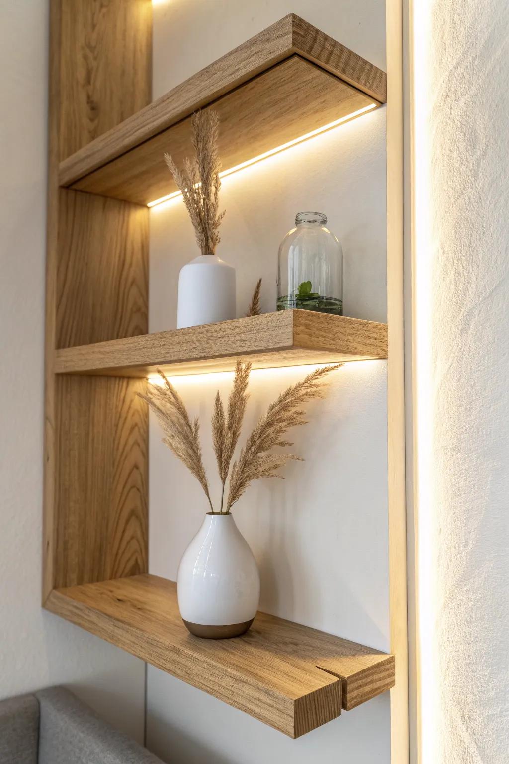 Wraparound LED corner shelf lighting turns unused nooks into a warm, handcrafted feature.