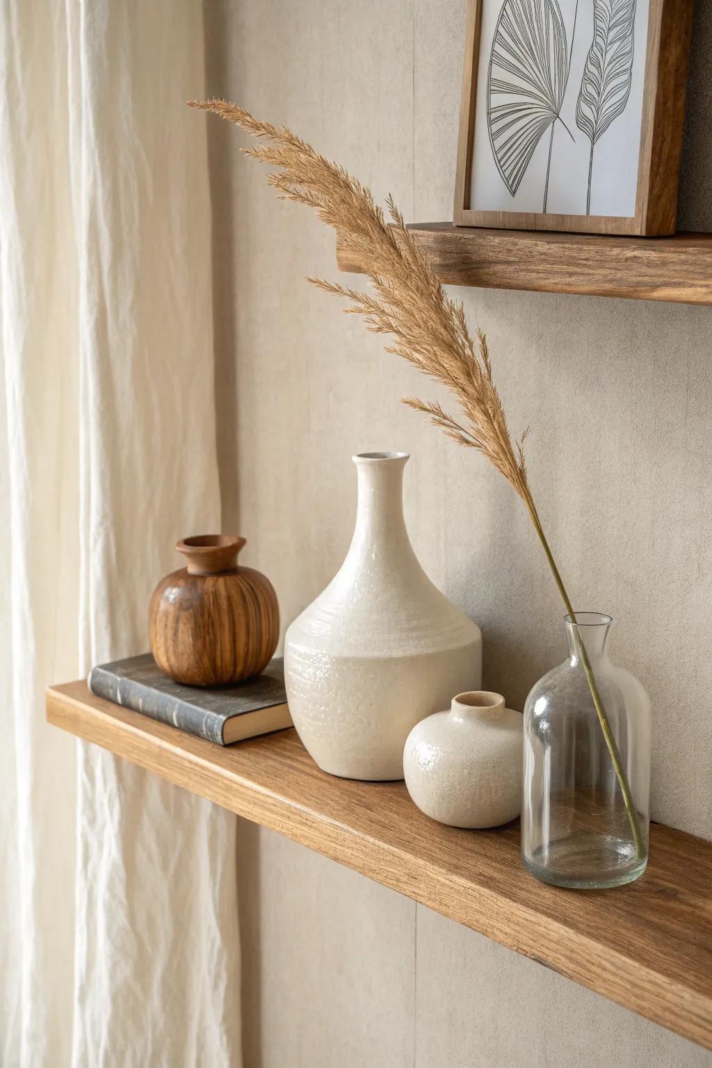 Mix matte ceramics, clear glass, and a warm wood accent for rich, airy wall unit decor.