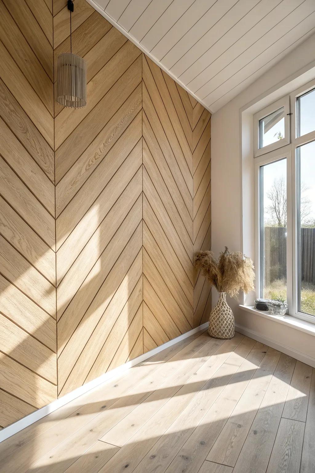 Diagonal wood planks add instant movement—turn a simple wall into a crafted statement.