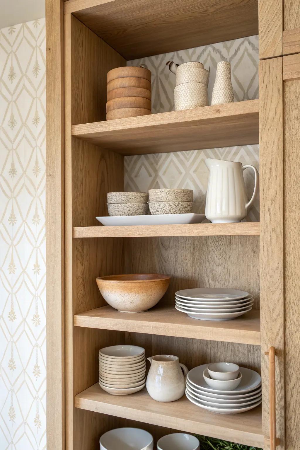 Wallpaper behind open oak shelves turns everyday dishware into a calm, curated nook display.