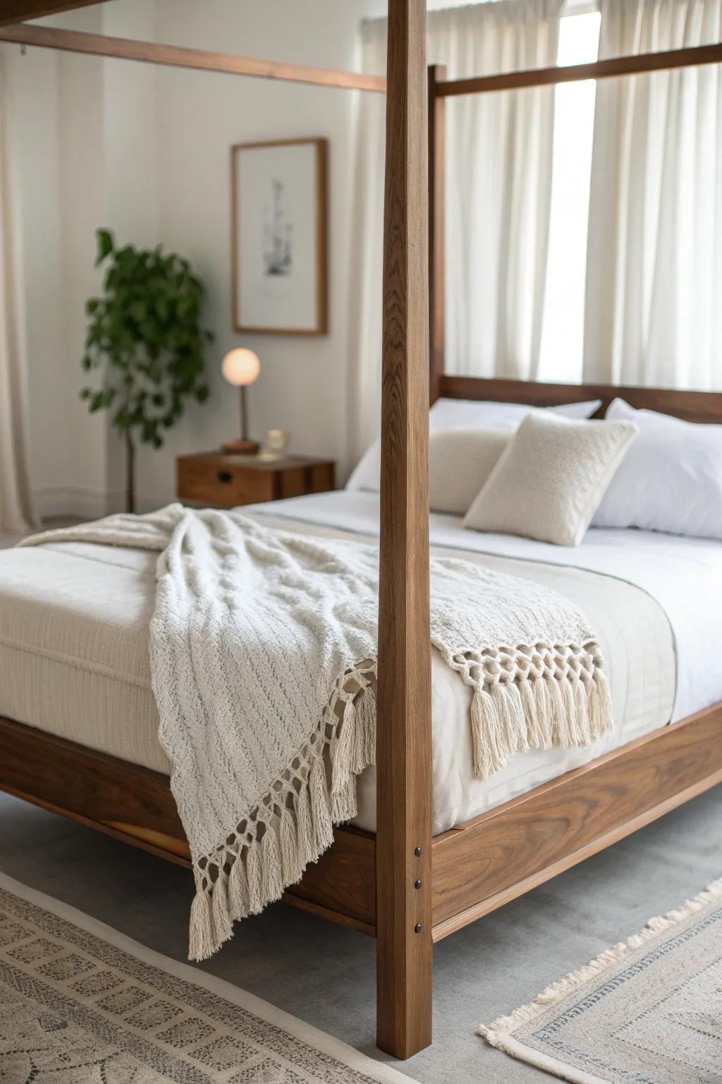 A clean-lined walnut poster bed with crisp linens—timeless warmth with a modern, airy feel.