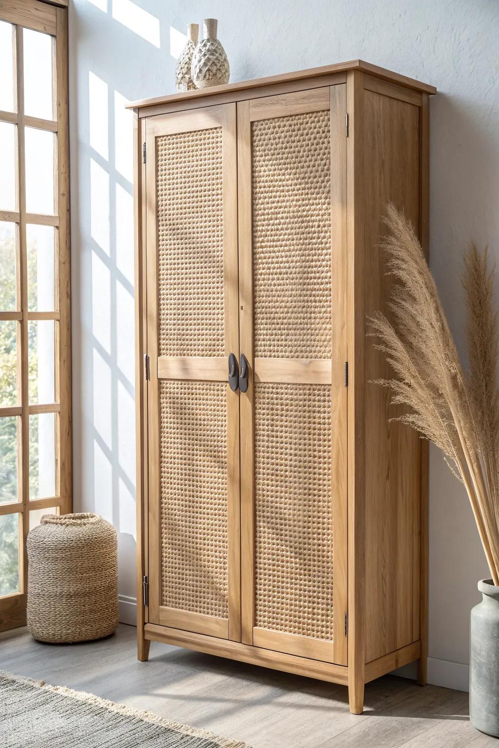 Light oak wardrobe door with cane webbing insert—airy texture with clean Scandinavian lines.