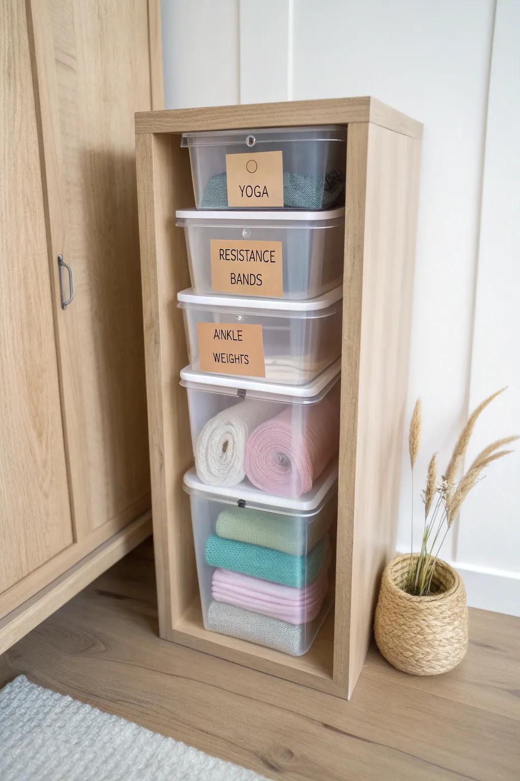 Clear front bins keep workout gear visible, tidy, and easy to grab—no more lost accessories.