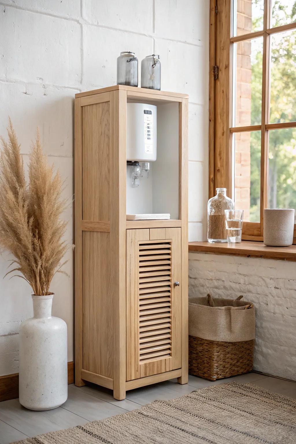 Light pine cabinet with ventilated slat sides—airy, intentional, and beautifully budget-friendly.