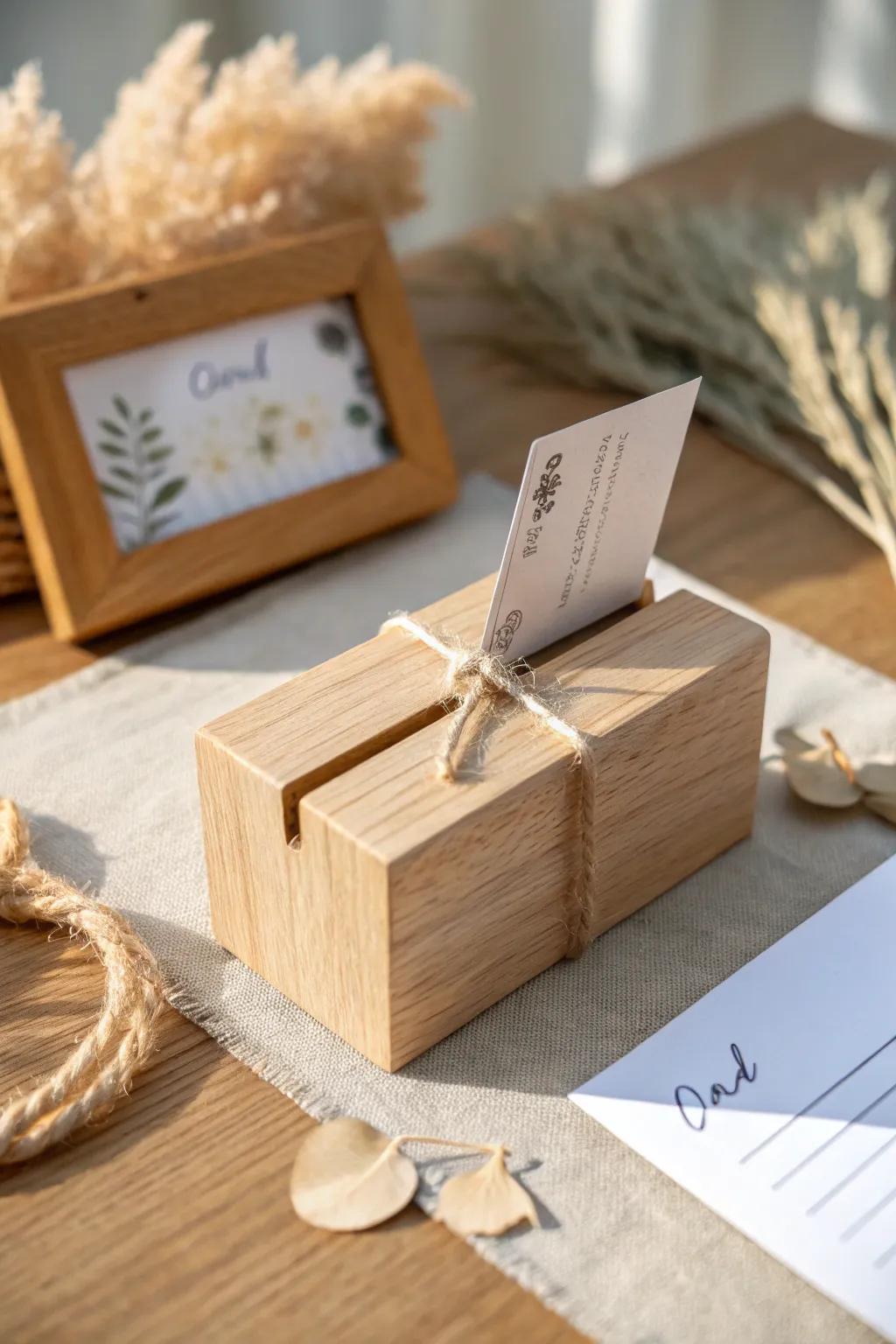 A sweet wooden photo favor—mini print + kraft tag—ready for guests to find and keep.