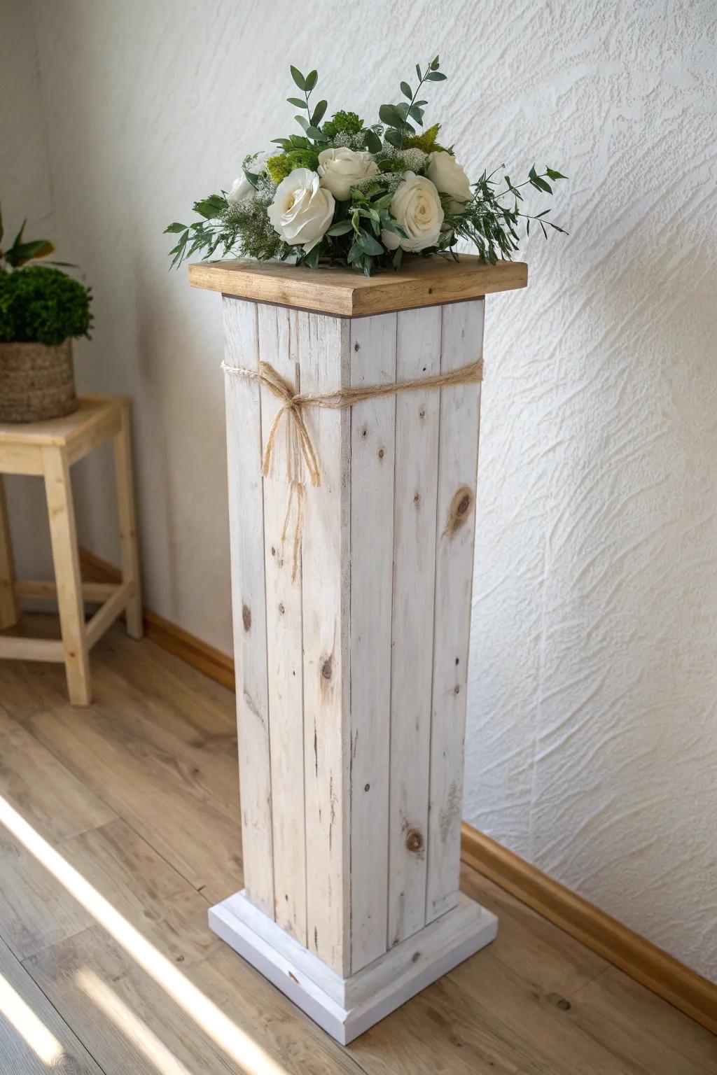 Whitewashed reclaimed wood pillar—rustic grain and knots paired with airy wedding florals.