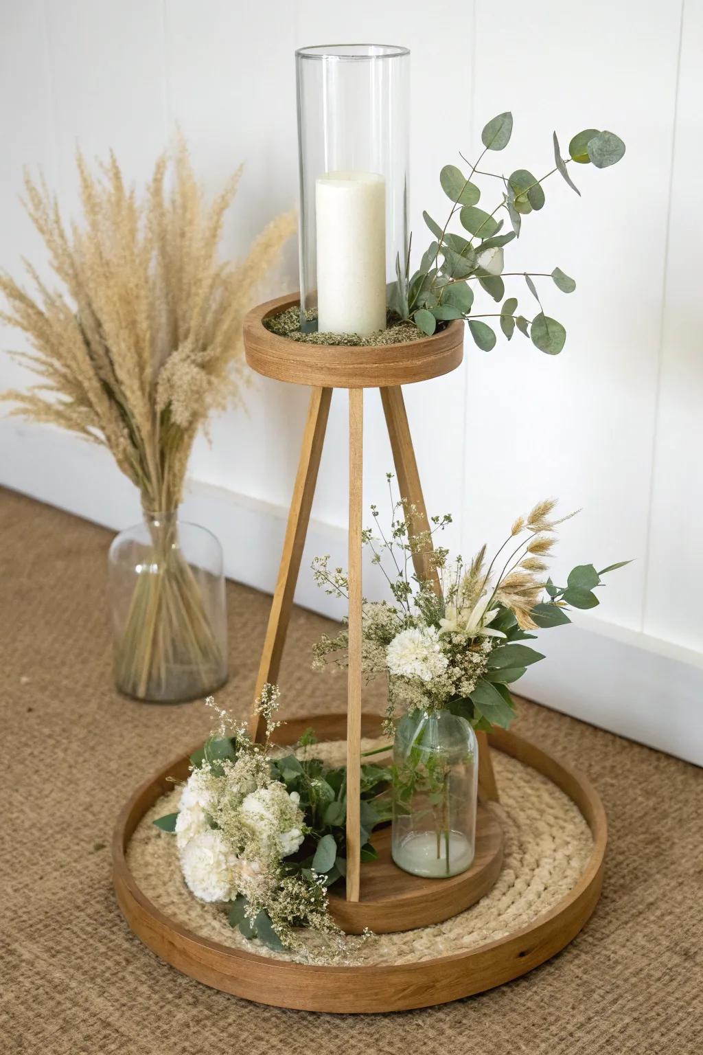 Leggy oak centerpiece stand—adds drama without blocking conversation, designed for low blooms too.