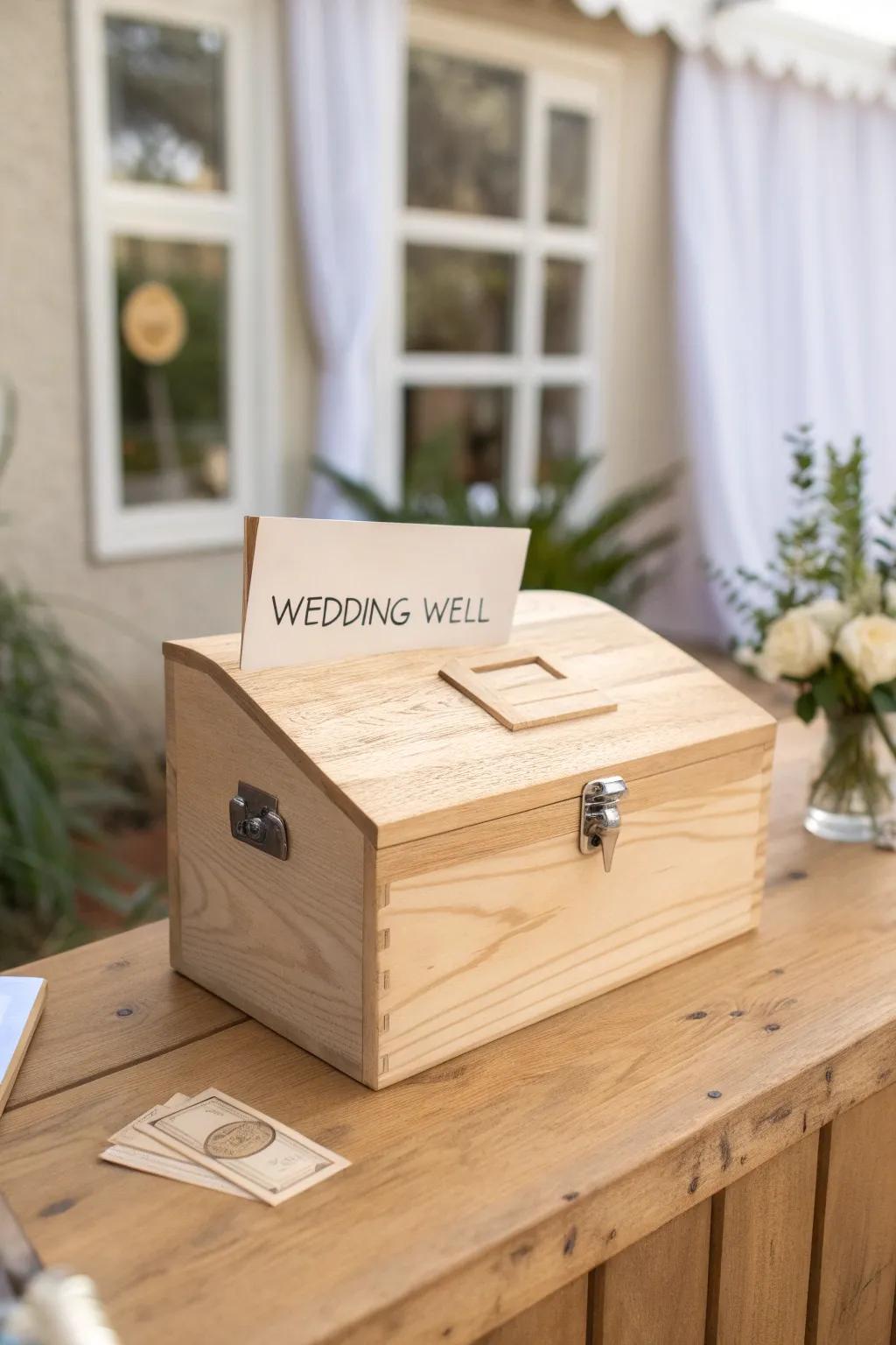Toolbox-inspired wooden wishing well with divider—Scandi minimal, boho warm, beautifully made.