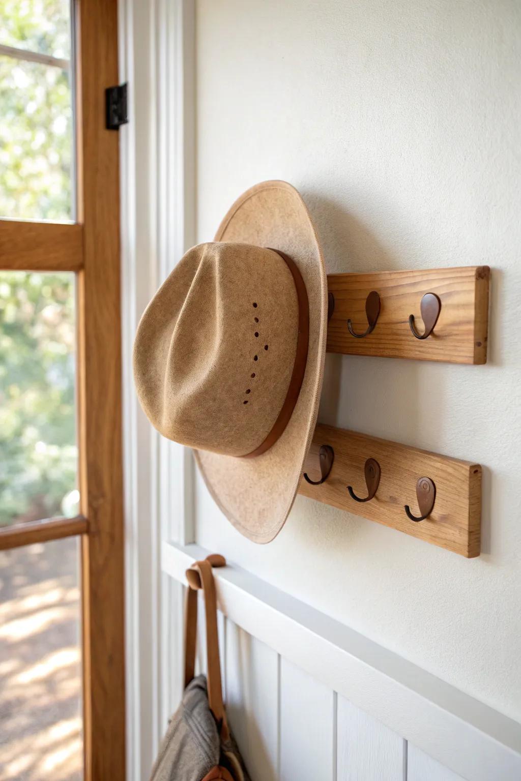 A minimalist oak peg rail turns your cowboy hat into functional wall art for a western office.
