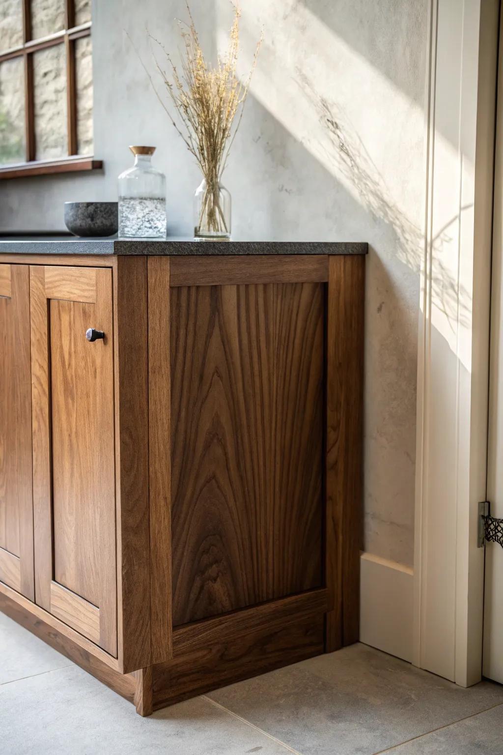 Medium walnut cabinets + black granite: warm, grounded, and effortlessly luxe.
