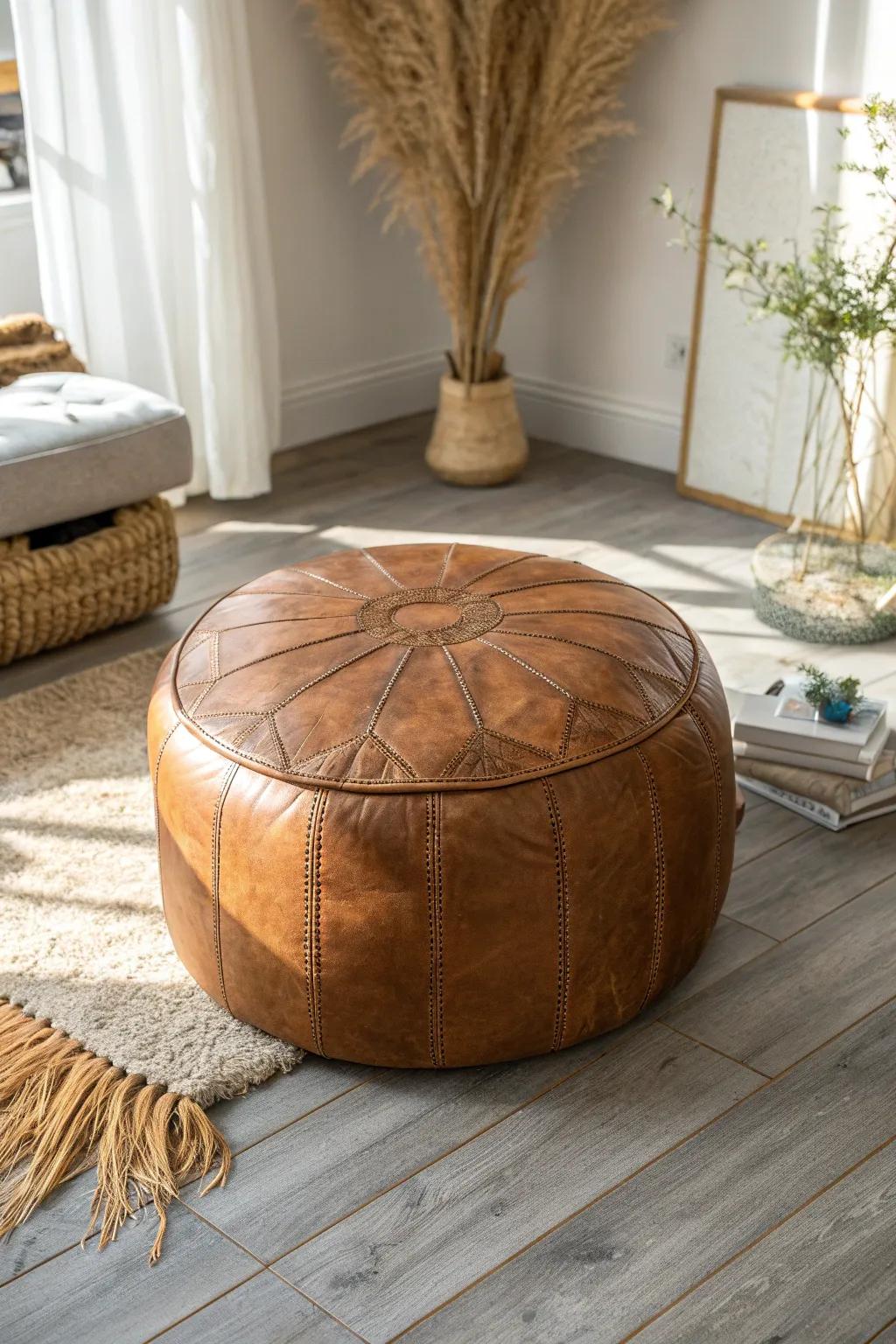 Camel and cognac leather adds instant warmth and character against cool gray floors.