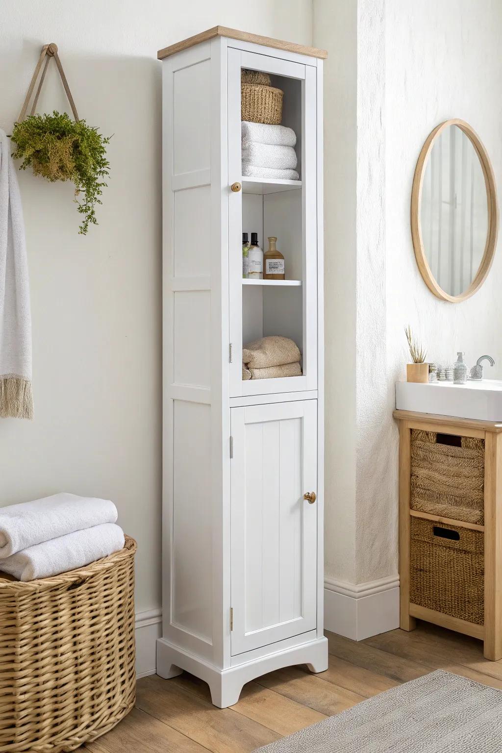 Tall white linen tower cabinet: ceiling-high storage that keeps your bathroom calm and clutter-free.