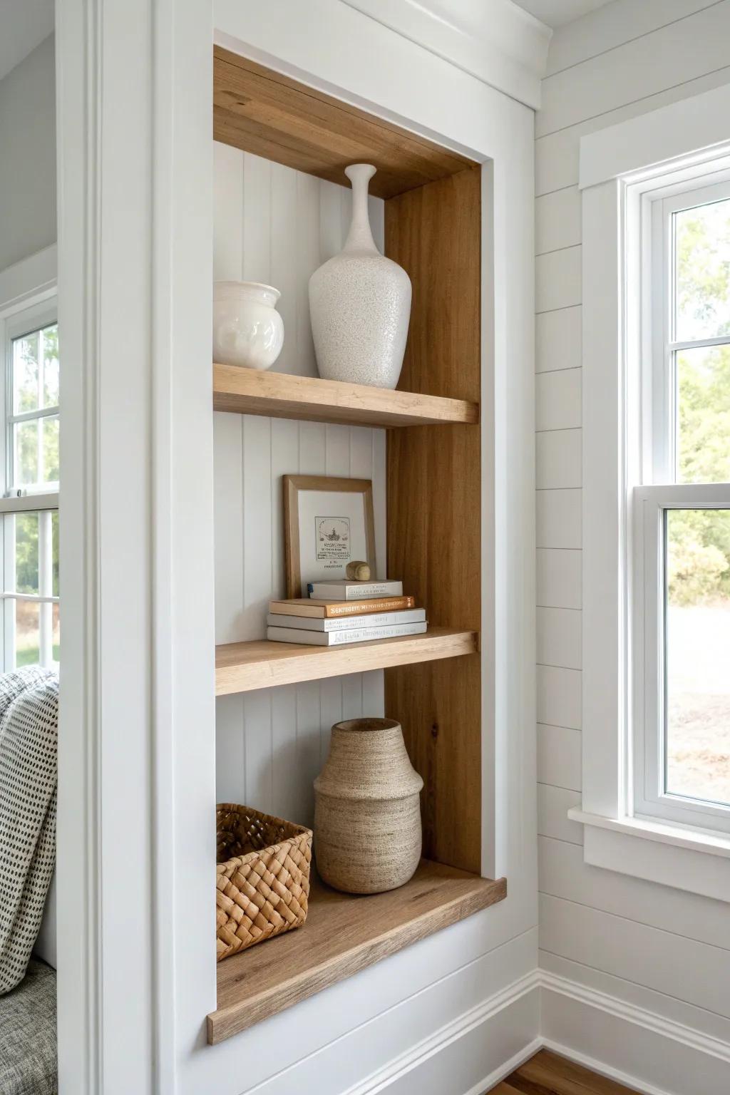 Airy white built-ins with a warm wood shelf—simple pottery and books for calm farmhouse charm.