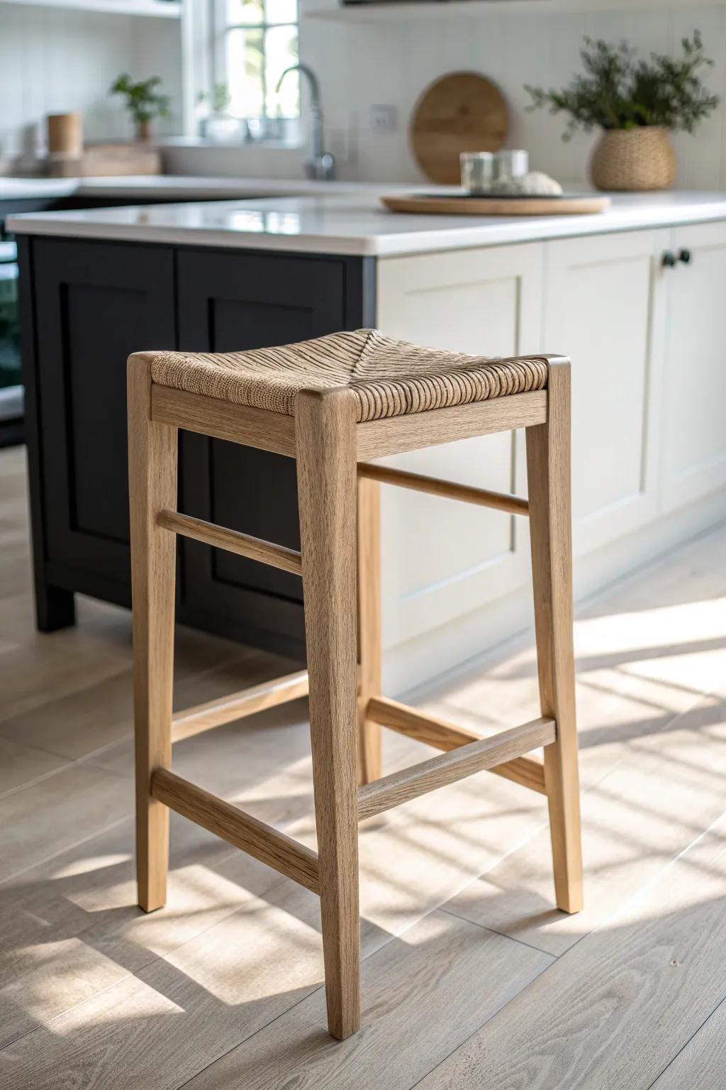 Woven rattan stool warms up a white kitchen and black island with easy, natural texture.