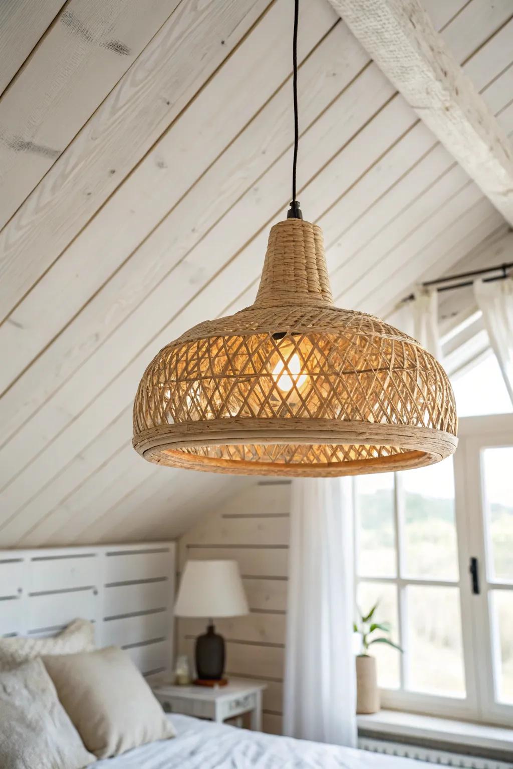 Soft white plank ceiling + warm rattan pendant glow for a cozy, boutique-bedroom feel.