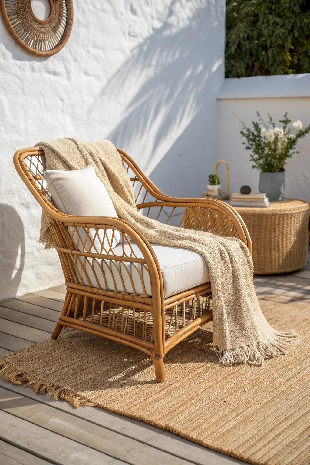 Wicker patio chair styled with linen cushions and a woven rug—cozy, minimal, and sunlit.