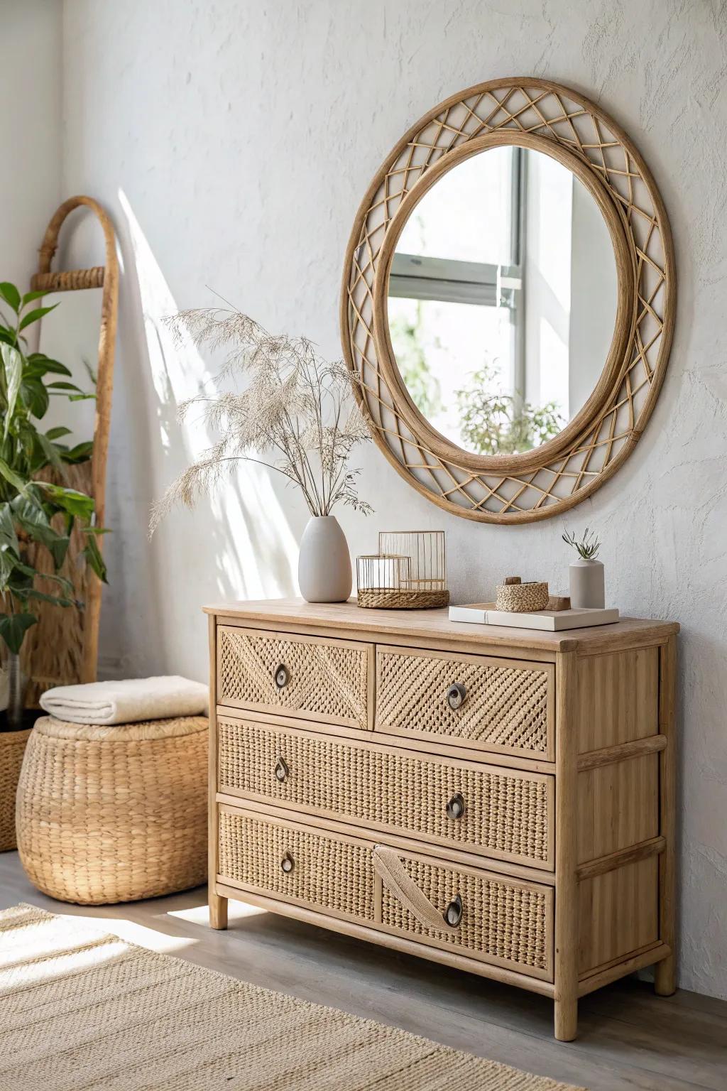Transform your wicker dresser into a chic vanity centerpiece with a touch of mirror magic!