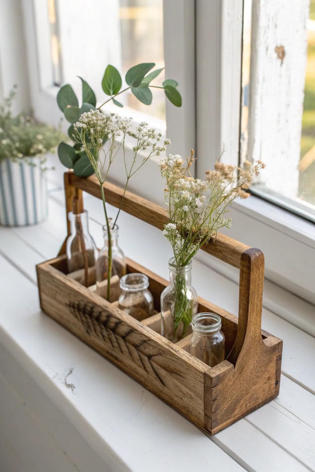A reclaimed-wood caddy of bud vases turns foraged stems into a window-sill centerpiece.