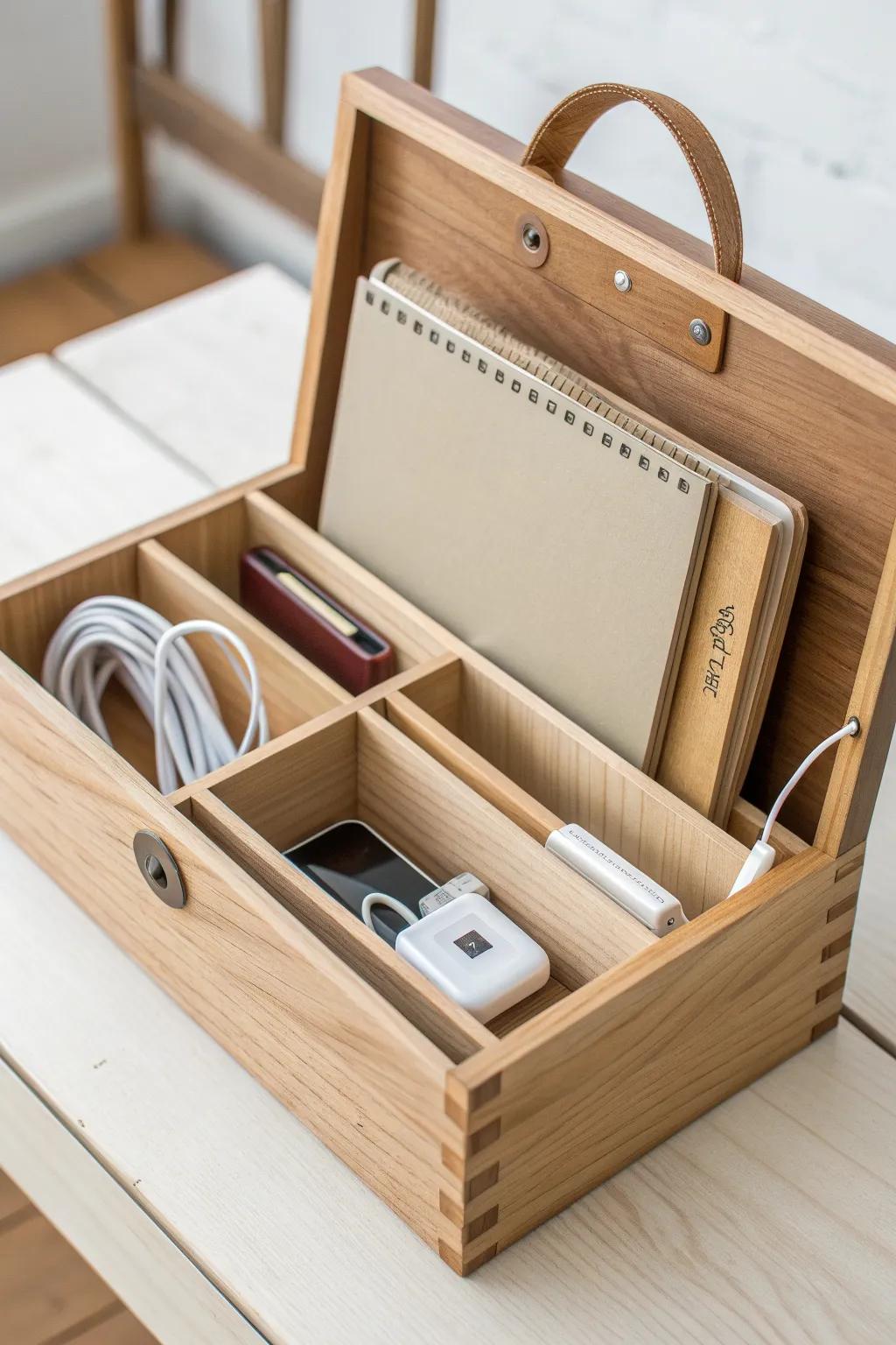 Turn a small wine box into a chic desk organizer—dividers, handle, and calm Nordic style.