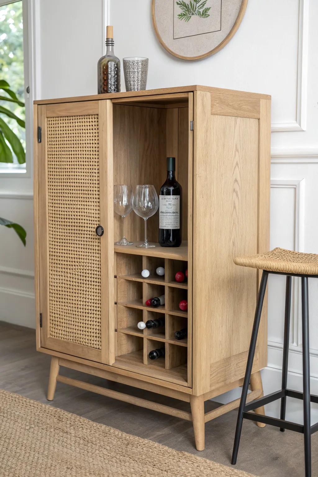 Turn your wine cabinet into a mini tasting corner with slim seating and warm wood tones.