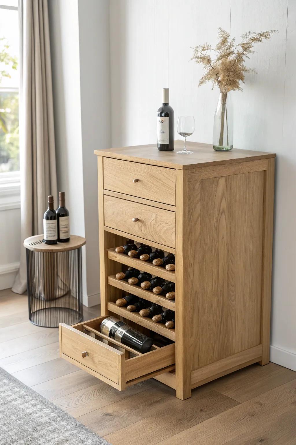 Pull-out wine drawers keep bottles hidden, organized, and instantly within reach—luxe and tidy.