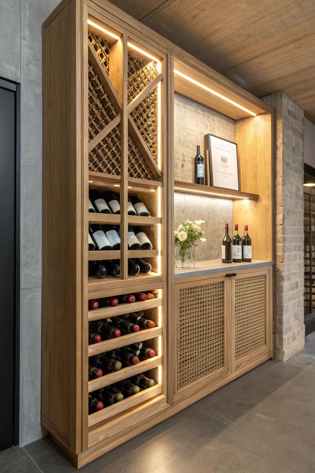 Label-forward oak display rows turn basement wine storage into a curated, gallery-like feature.
