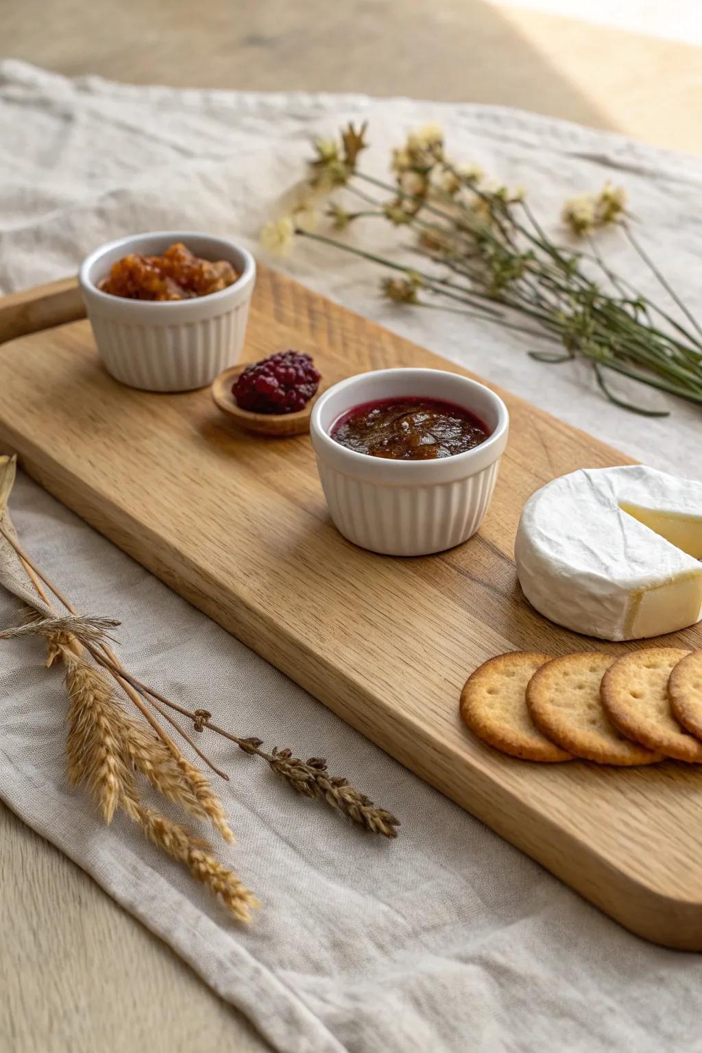 Jam, honey & mustard in routed ramekins—creamy brie ready for the perfect wine bite.
