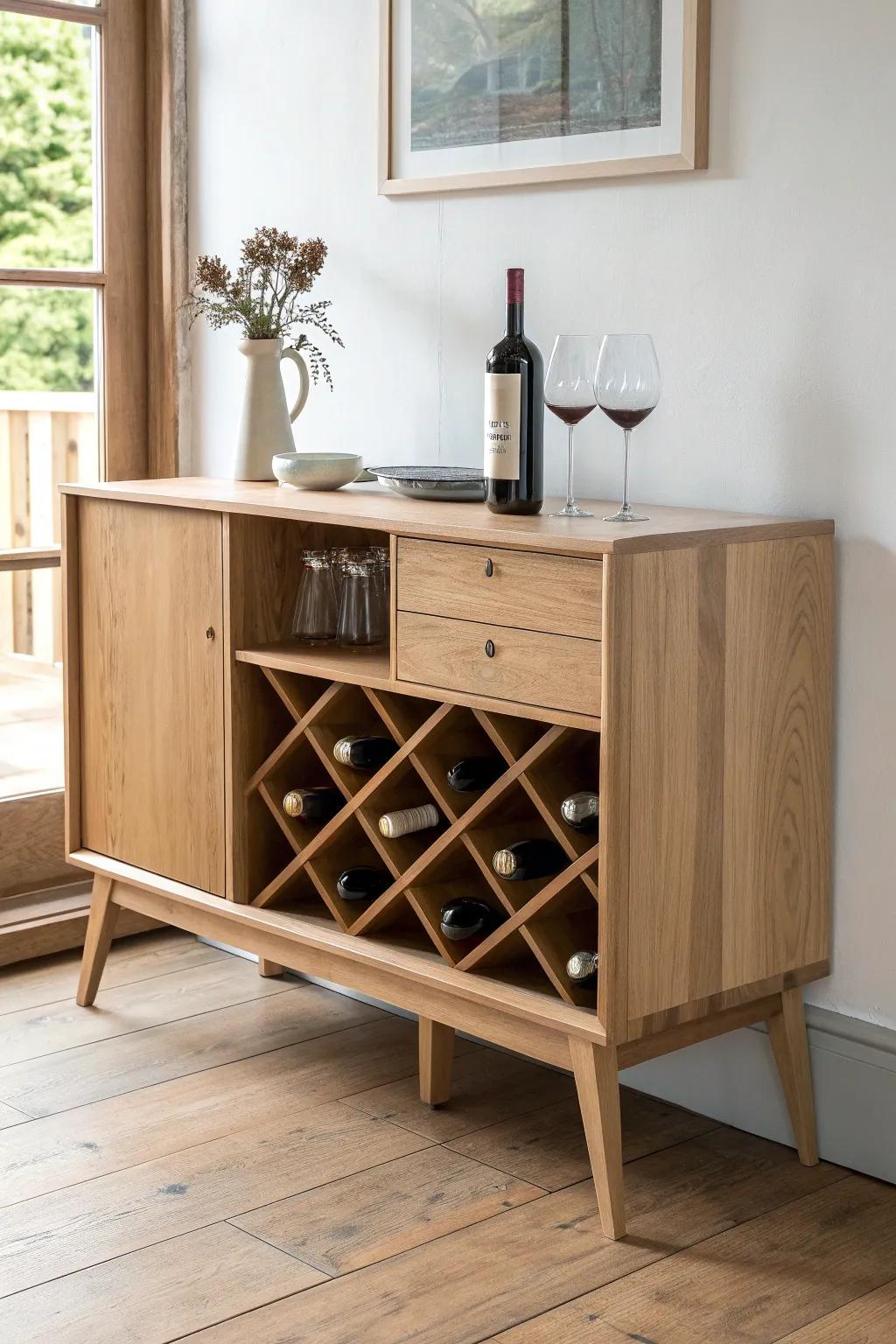 Slim oak wine rack console with bottle storage below and a clean serving top for hosting.
