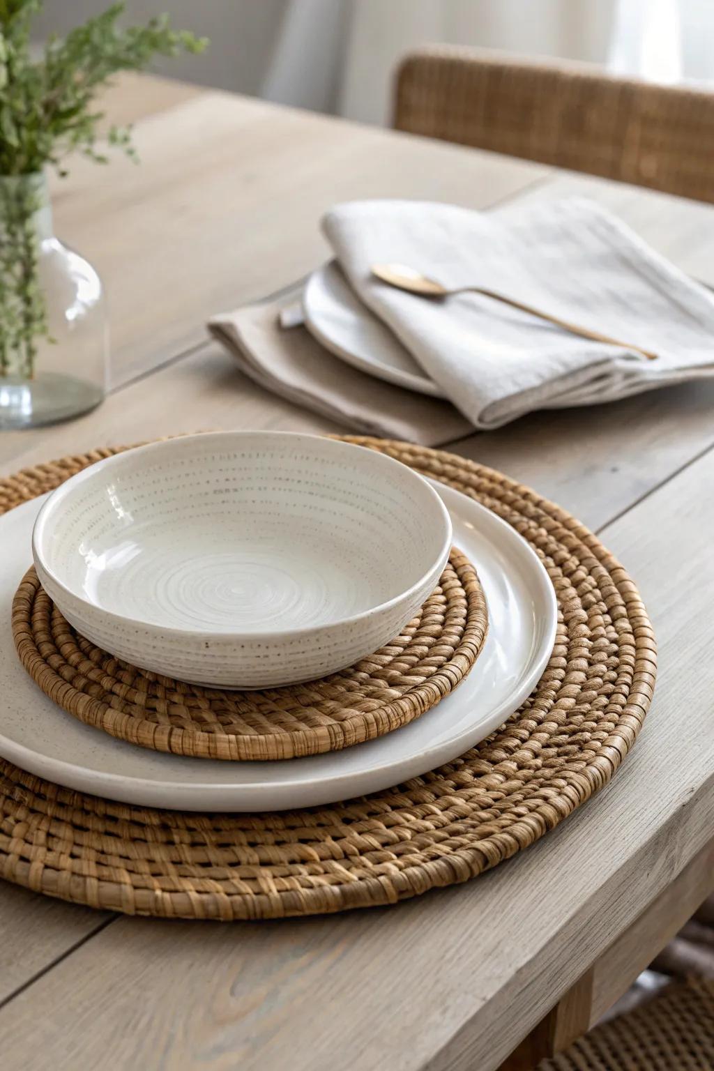 A single woven charger adds cozy winter texture—rustic warmth with clean, white simplicity.