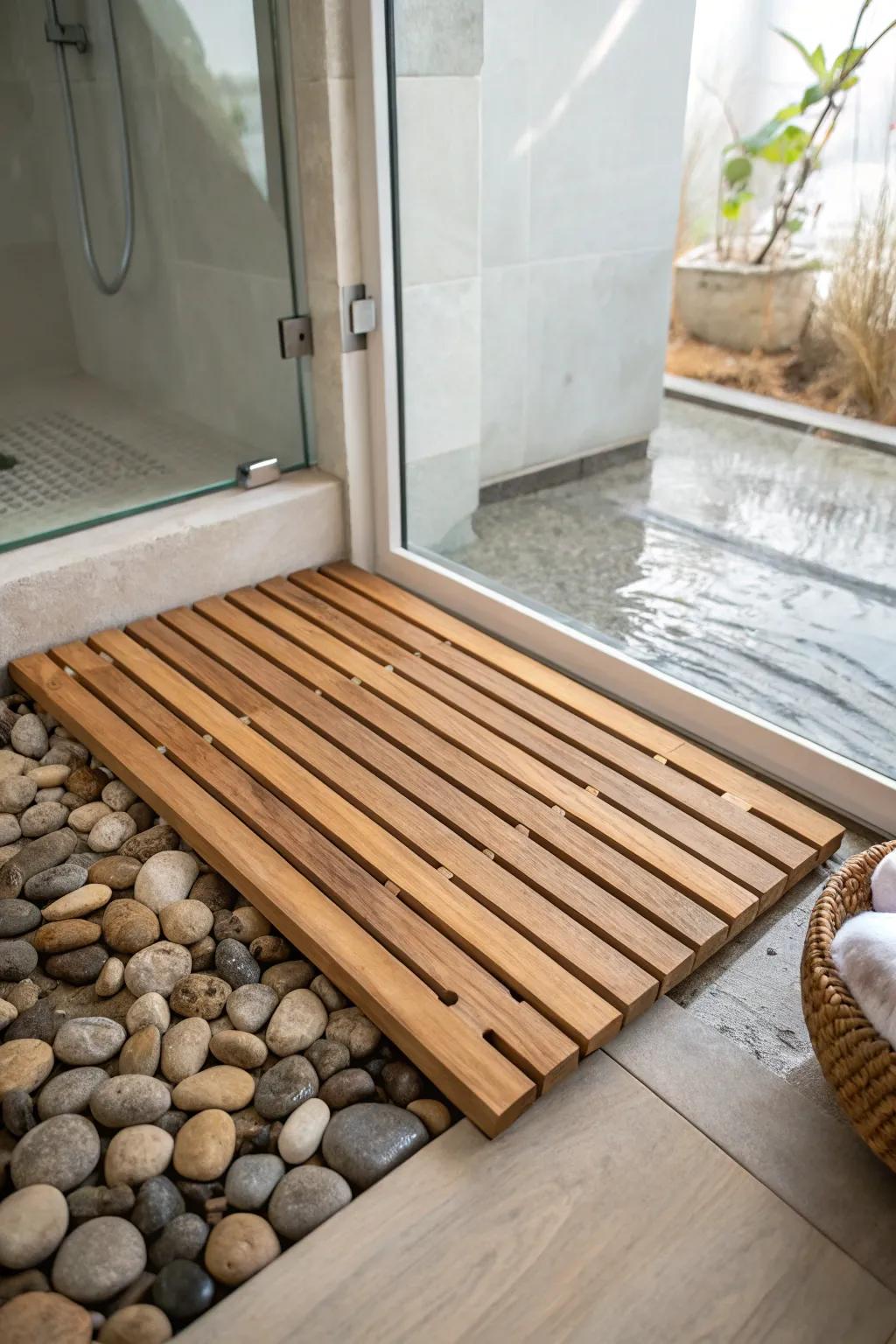 Pebble stone underfoot, warm slatted wood mat outside—spa texture with handmade simplicity.